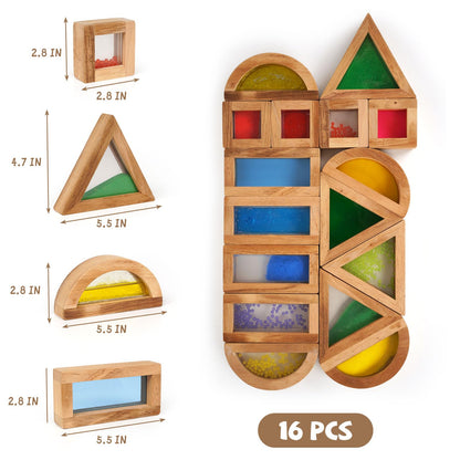 AXEARTE Large Rainbow Wooden Building Blocks for Toddlers Baby Kids, 16 Pcs Colorful Geometry Stacking Construction Toy Set Sensory Toys, Preschool Educational Toy for Boys & Girls