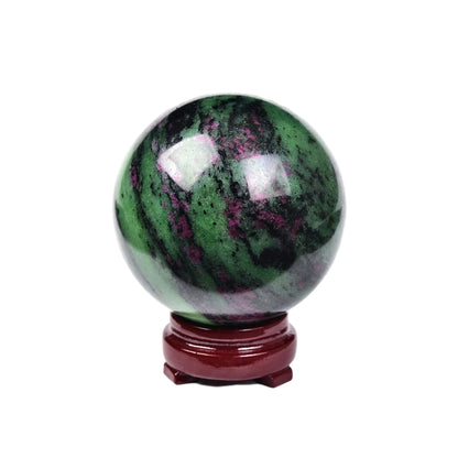 JIC Gem Crystal Sphere Ruby Zoisite Healing Ball With Wood Base - Red&Green Treasure Gemstone for Reiki Chakra Decor (70-80mm)
