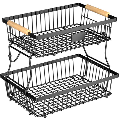 Astrorhine 2 Tier Fruit Basket for Kitchen Counter with 2 Banana Hangers, Countertop Metal Bread Basket with Wooden Handle, Large Storage Stand for Vegetables, Snacks, Eggs, Produce Storage – Black