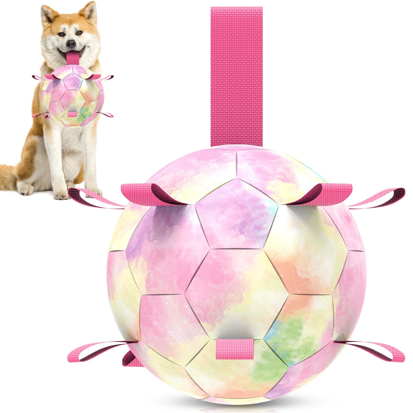 QDAN Dog Balls: Herding Ball for Dogs, Outdoor Toys Dog Soccer Ball with Straps, Interactive Pet Toys for World Cup Large Dogs Tug of War, Pet Birthday Gifts,Gradient Rainbow (8 Inch)