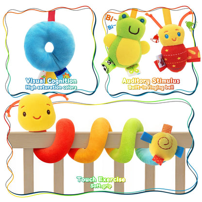 FPVERA Spiral Car Seat Toys - Baby Sensory Soft Plush Hanging Toys for 0-12 Months Stroller Crib Accessories, Essentials for Expecting Moms & Baby Shower Registry Gift