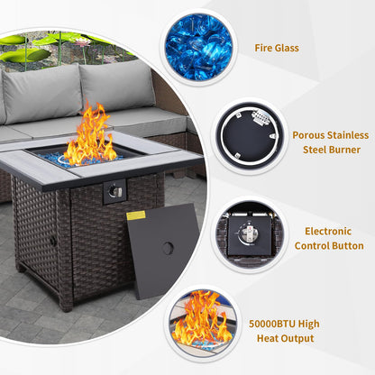 Outdoor Propane Fire Pit, 30 Inch PE Wicker Patio Firepit Table with Fire Glass for Outside Parties and Gatherings on Garden Backyard Porch