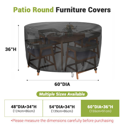 Vercome Heavy Duty Round Patio Dining Table Cover, 60 Inch Waterproof Outdoor Furniture Cover for Large Round Table and Chair Sets (Black, 60"DIAx36"H)