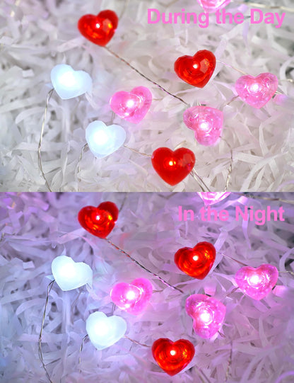 Libreath Valentines Day Decor 10 ft 40 LEDs Red White Pink Heart String Lights Battery Operated Garland Valentines Day Lights with Timer Valentine's Day Decorations for The Home Indoor Mother's Day