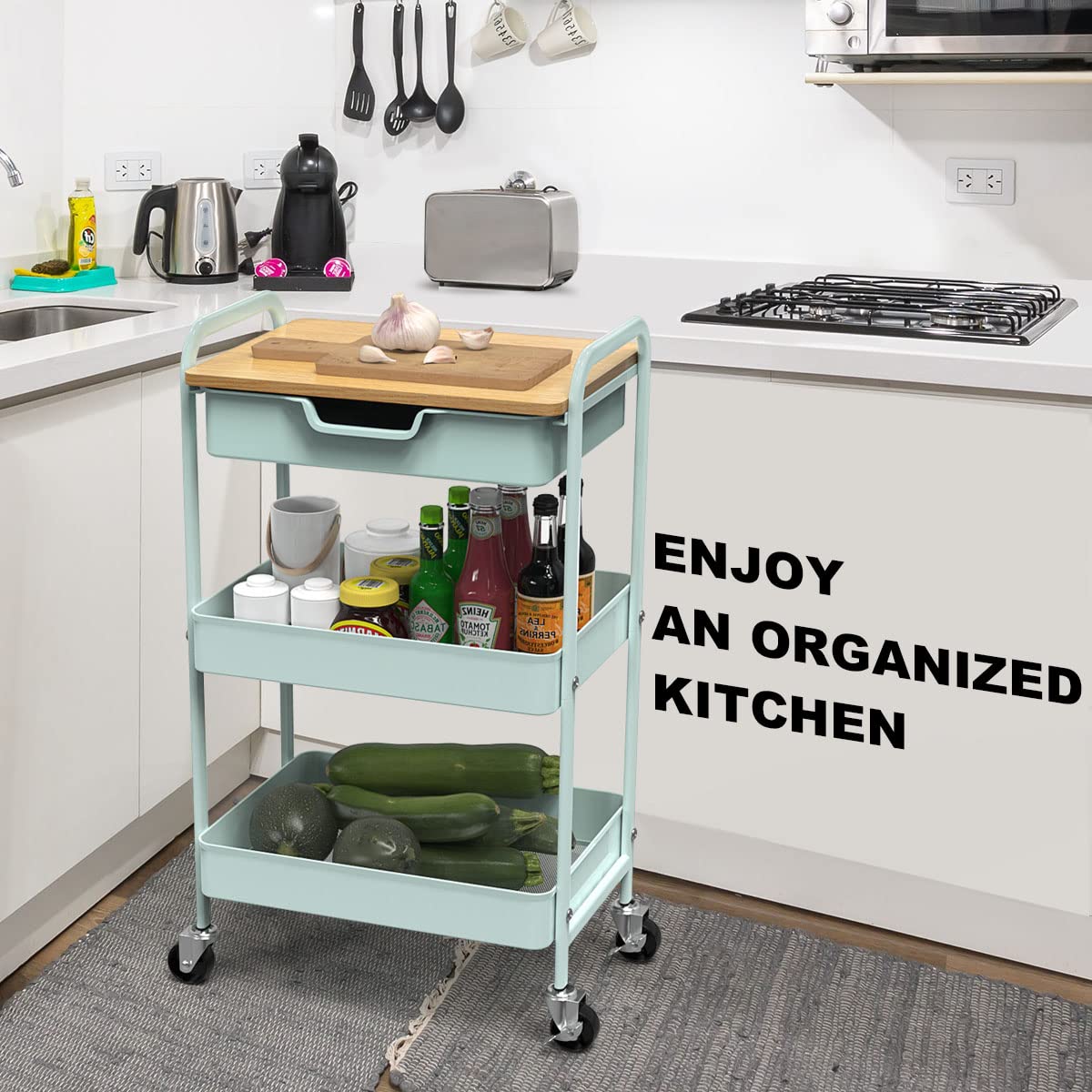 Aratan 3 Tier Rolling Cart, Utility Cart with Drawer and Table Top, Metal Rolling Kitchen Storage Organizer Cart with Handle and Locking Wheels for Bathroom Office Balcony Living Room