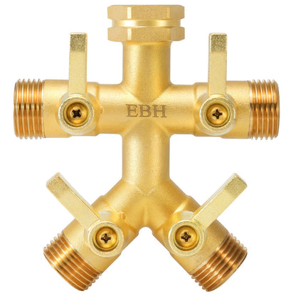 EBH Brass Garden Hose Splitter Full Flow, Outdoor Faucet Heavy Duty Hose Splitter 4 Way High Flow, 3/4-Inch Multi-Angle Spout with 4 Individual On/Off Valve and Extended Handle