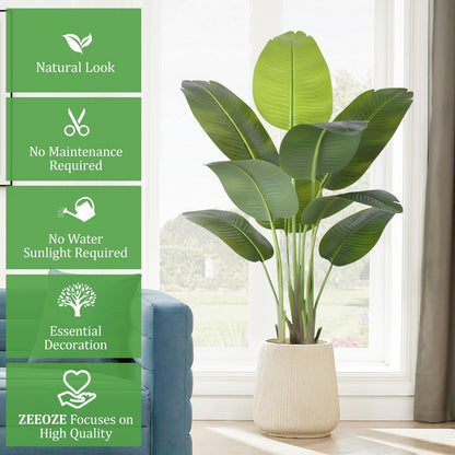 ZEEOZE Artificial Bird of Paradise Plant 4Ft Tall Fake Tropical Palm Tree Large Fake Plants with 9 Silk Banana Leaves Faux Plant Indoor Decor Trees with White Pot for Home Bedroom Living Room Office