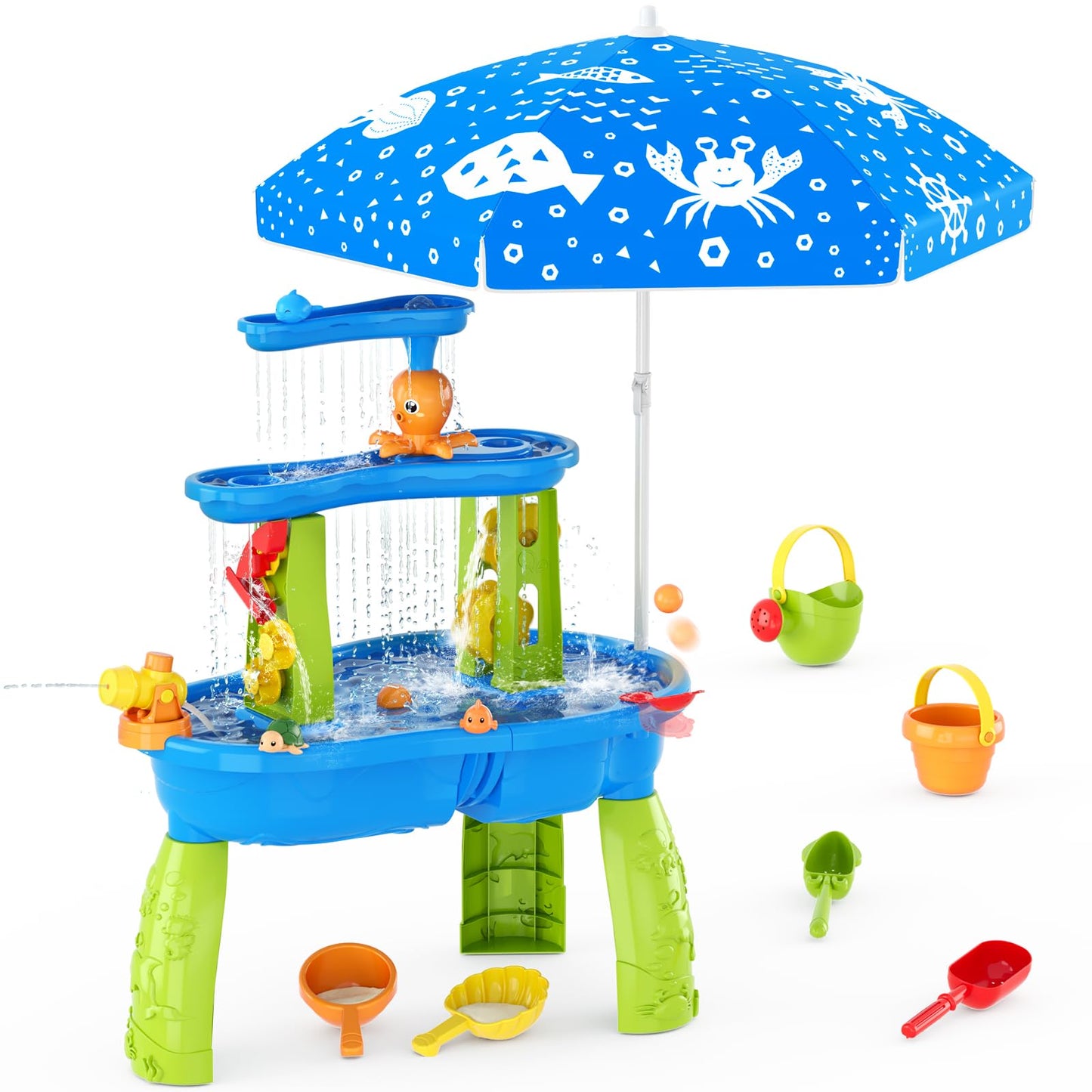 HYES Water Table for Toddlers 3-5, 3-Tier Kids Splash Sand Table Water Toys with Umbrella, Rain Showers Splash Pond for Outdoor Beach Backyard Summer, Activity Sensory Playset for Boys Girls, Blue
