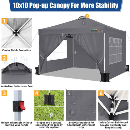 COBIZI 10x10 Pop Up Canopy Tent, One Push Outdoor Gazebo with 4 Removable Sidewalls & Air Vent, Waterproof Commercial Easy Up Adjustable Canopy with 4 Sandbags, 4 Stakes & 8 Ropes for Party,Grey