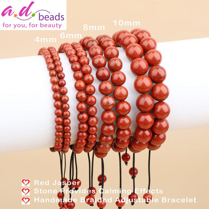 AD Beads 4mm Red Jasper - Stone Pepvodes Calming Effects - Handmade Natural Stone Crystal Bracelet with Adjustable Macrame String - Yoga Healing Power Energy Gifts for Men and Women