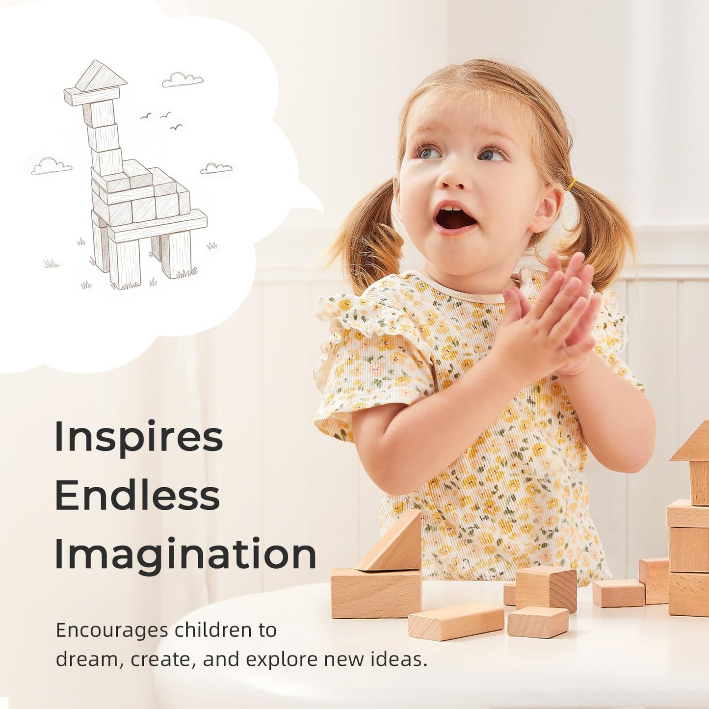 MEEYOO 100pcs Natural Beech Wooden Building Blocks for Toddlers 1-3, Wooden Blocks for Baby Shower with Storage Bucket, Montessori Toys for Preschool Girls and Boys