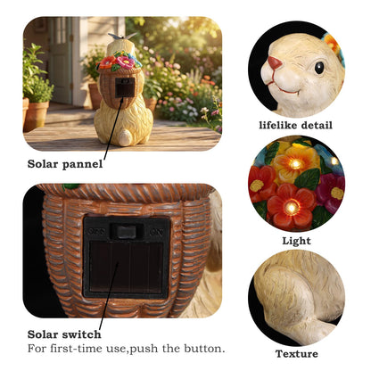 PETAFLOP Solar Garden Statues Outdoor Decor, Rabbit with Flower Basket & Butterfly Birthday for Patio Balcony Backyard Lawn Yard Decorations, Housewarming Gifts for Women, Mom, Grandma