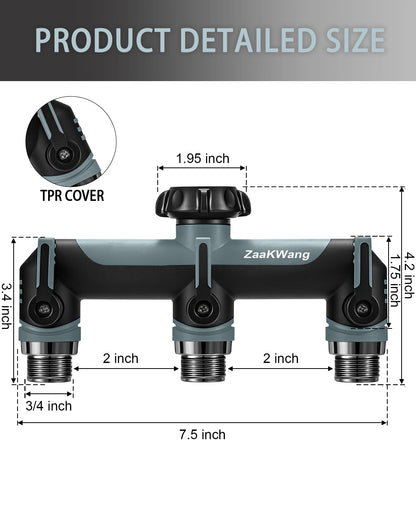ZaakWang Garden Hose Splitter, 3 Way Hose Splitter, Heavy Duty Water Hose Bib Spigot Splitter, Outdoor Faucet Splitter with Shutoff Valve, T Adapter Connector with 3/4 - Inch GHT Thread (Grey)