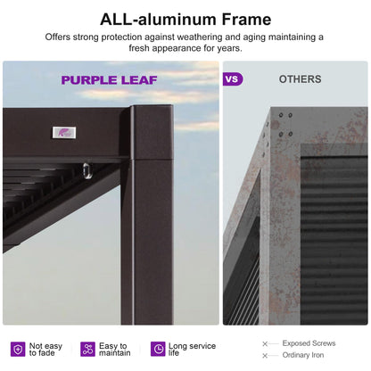 PURPLE LEAF 10' x 16' Louvered Pergola Outdoor Adjustable Louvre Shade Modern Patio Aluminum Pergola with Retractable Roof for Deck Backyard Garden Hardtop Gazebo, Bronze