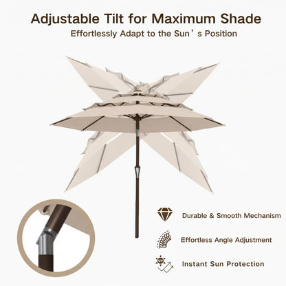 Kingdura 9ft 3-Tier Patio Umbrella, Outdoor Table Umbrella with Easy Crank & Tilt, 8 Reinforced Ribs, UV Protection for Deck, Pool, Market, Backyard (Beige)