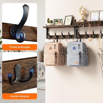 Evermagin 35" Coat Rack Wall Mount with Shelf, 4 in 1 Coat and Key Hanger with 13 Metal Hooks, Entryway Wall Mounted Shelf with Mail Holder for Living Room, Bedroom, Rustic Brown