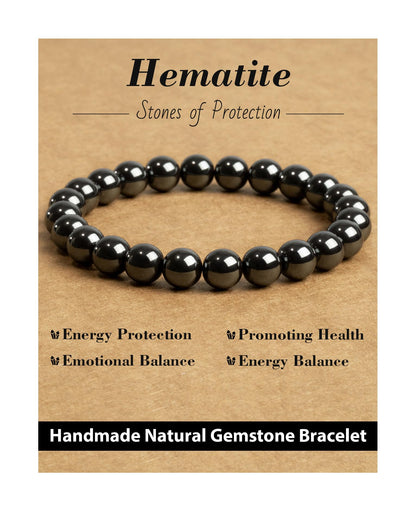 Landorilo Beaded Bracelet for Men Women, 8mm Natural Stone Hematite Healing Crystal Stretch Bracelets, Ideal Christmas Birthday Jewelry Gifts with Energy Card，Replacement Beads Included