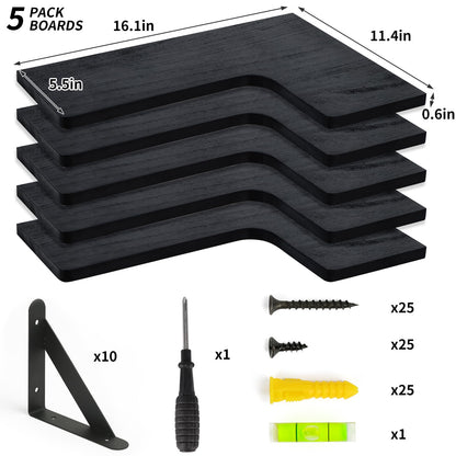 Fixwal Corner Shelves Floating Shelves for Wall Bathroom Kitchen Bedroom Home Decor Laundry Room Living Room Set of 5 (Black)