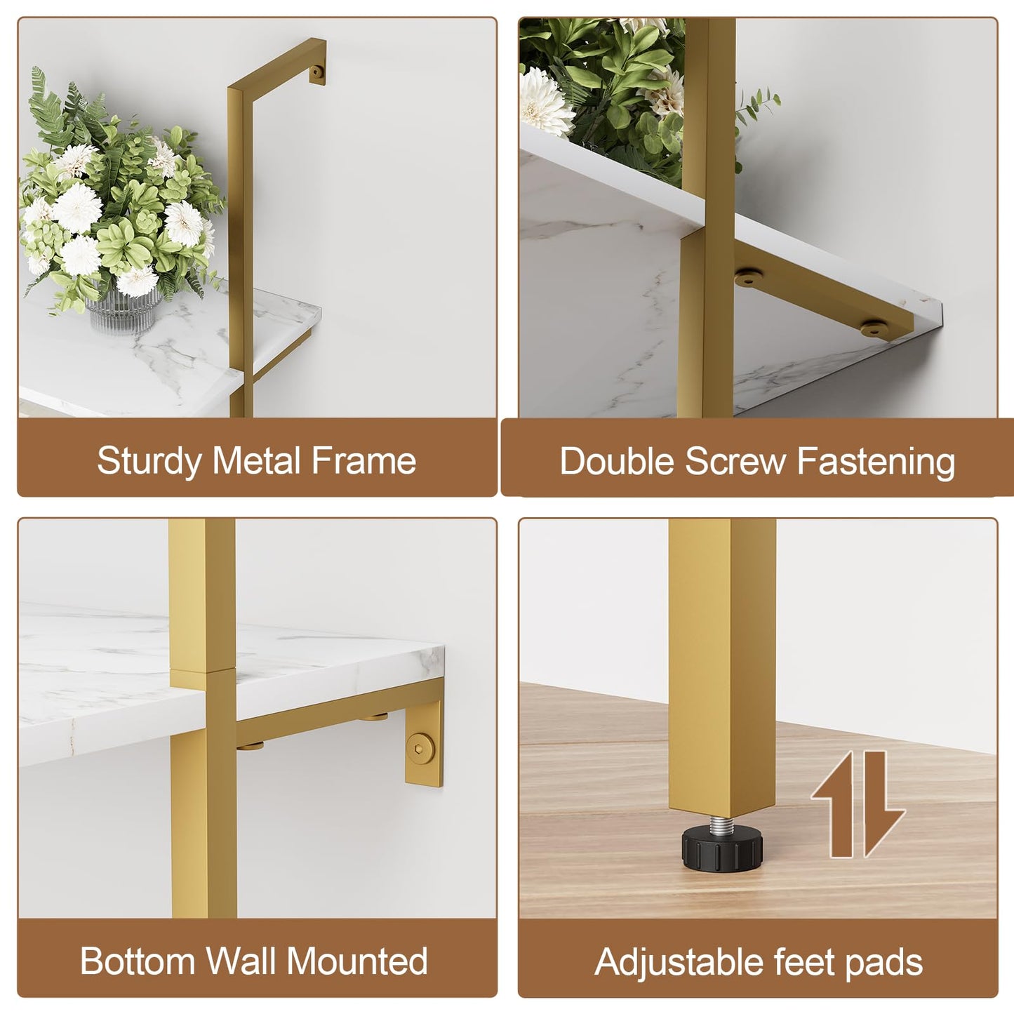 aboxoo Ladder Shelf 2PCS White Marble Bookshelf 5-Tier Wall-Mounted Wood Rack Open Industrial Modern Plant Flower Stand Utility Organizer Bookcase Metal Frame Furniture Office Kitchen Bedroom