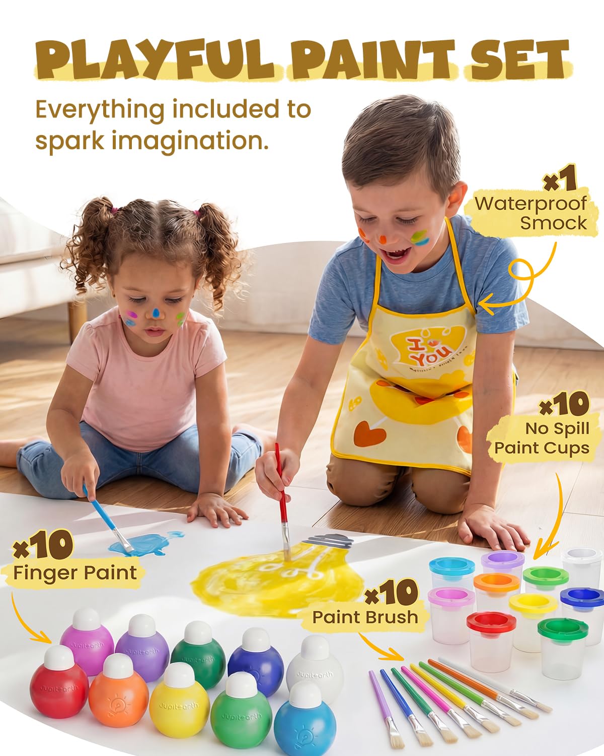 JUPITEARTH 10 Colors Washable Paint Set for Kids Ages 3-6, 4.06oz(120ml), Non-Toxic, Includes Brushes, Cups and Apron, Creative Gift for Toddlers and Preschoolers