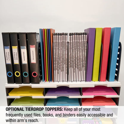 Ultimate Office Desktop Organizer 9 Letter Tray Sorter PLUS Riser Storage Base for Easy Access to Lower Slots, Desk Accessories & Supplies. Optional File Topper & Drawers
