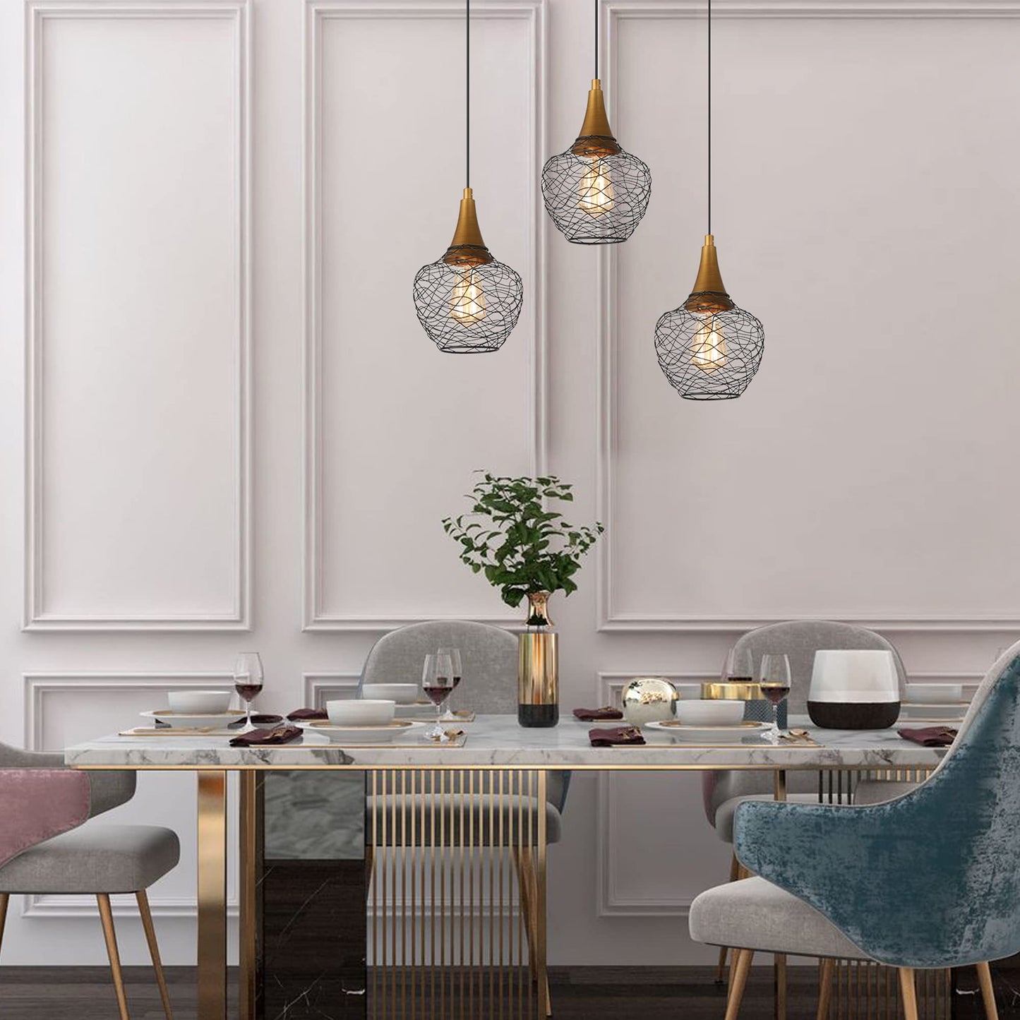 Durent Lighting Brass Modern Industrial Pendant Light, Antique Gold and Black Pendant Lighting Fixtures with Metal Wire Cage for Kitchen Island, Dining Room, Foyer and Bedroom