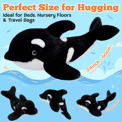 Tezituor Large Orca Stuffed Animal with 3 Babies Glow in The Dark, 23.6" Huggable Killer Whale Plush Toy Realistic Soft Ocean Animal Plushies Birthday Gifts for Boys Girls