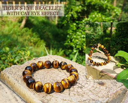 OwizJade 12MM Tigers Eye Mens Bracelet | Fits for About 9 inch XLarge Wrist | Natural Solar Plexus Chakra Gemstones with Golden Brown Cats Eye| Bring Luck Wealth Courage | Protection from Evil