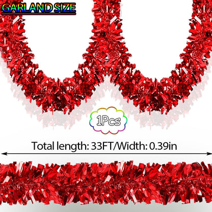 33Ft Christmas Tinsel Garland Shiny Thick Red Tinsel Decor Xmas Tree Decorations Metallic Twist Foil Garland for Birthday Thanksgiving Day New Year Parties Indoor Outdoor Party Supplies - Red