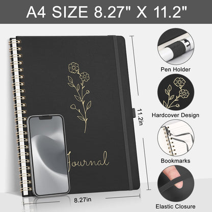 EMSHOI A4 College Ruled Spiral Notebook, Large 8.27"x11.2", 110 Numbered Pages, 100GSM Ink-Proof Faux Leather Hardcover Lay-Flat Lined Journal for Work Office School Writing, Black