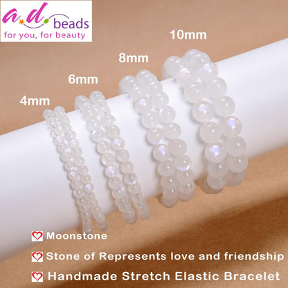 AD Beads Handmade Gemstone Stretch Elastic Bracelet Crystal Healing Reiki Nature's Beauty and Spiritual Essence Unisex (4mm, Moonstone (Love and Friendship))