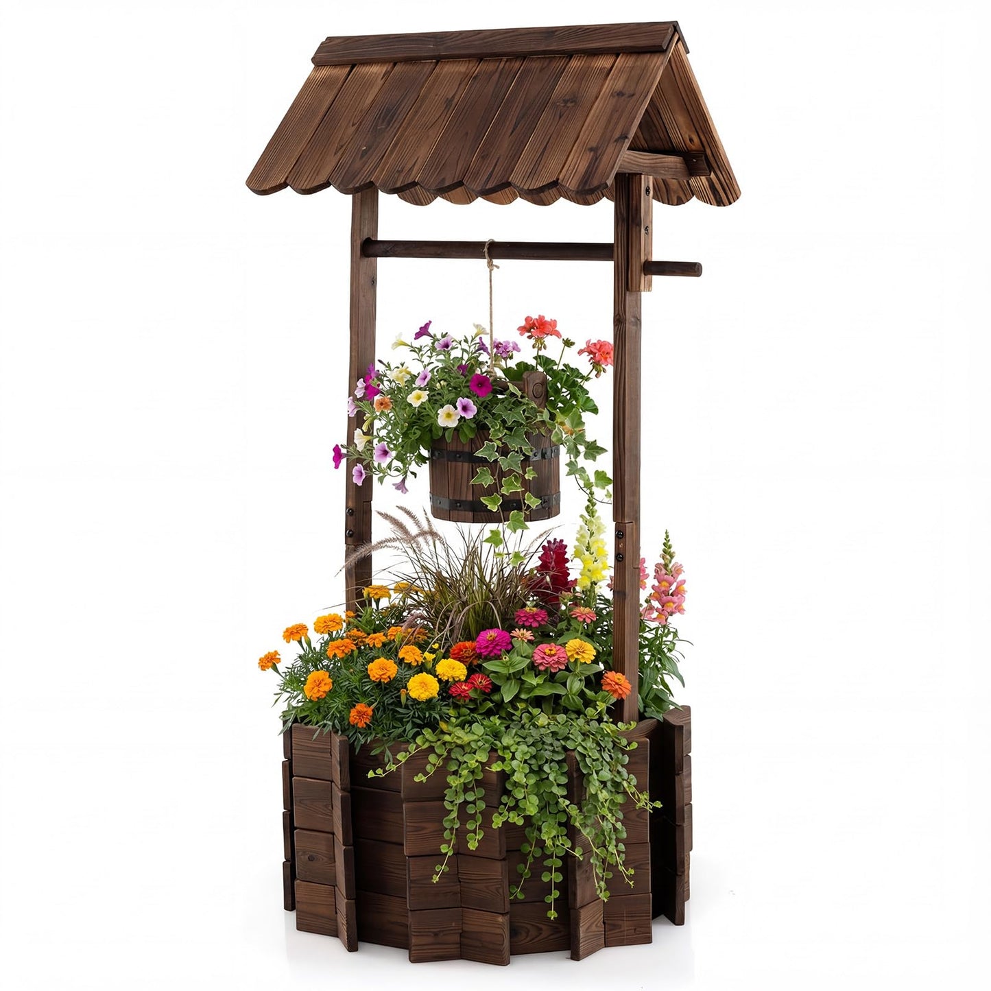Giantex Wooden Wishing Well Planter with Hanging Bucket, Carbonized Fir Wood Outdoor Garden Planter for Flowers, Rustic Decorative Flower Pot for Yard Patio Deck Home Decor