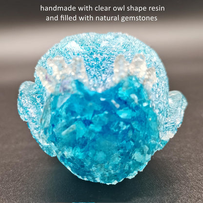 Reyife Hand-Carved Natural Crystal Owl Statue Reiki Healing Gemstone Animal Figurines Home Office Car Decoration The Best Gifts 2.4 inches(Aquamarine)
