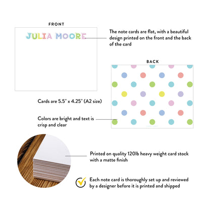 Personalized Baby Shower Note Cards with Envelopes, Colorful Polka Dot Stationery Paper, School Note Cards for Kids Children Girls, Birthday Thank You Cards Your Choice of Quantity and Envelope Color