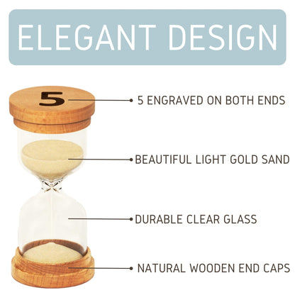 Sand Hourglass Timer - Glass Sand Clock Minutes - Modern Hourglass Watch with Wooden End Caps for Kids, Games, Classroom, Kitchen, Home or Office Decor (5 Minutes)