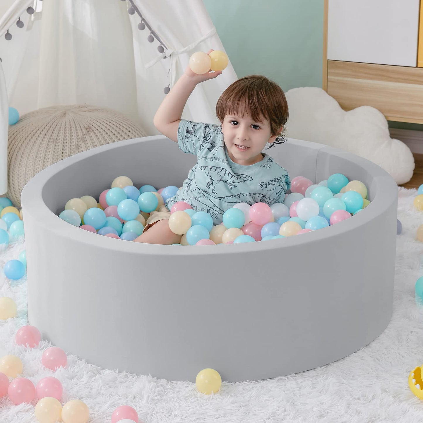 SHJADE Foam Ball Pit, 35.4"x 11.8" Ball Pits for Toddlers, Soft Round Kiddie Baby Playpen Ball Pool for Kids, Ideal Gift for Babies Indoor and Outdoor Game, Grey, (Balls not Included)