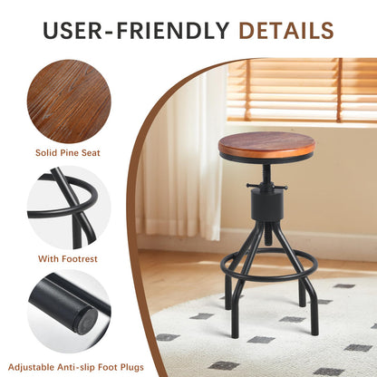 Industrial Bar Stool-Set of 2-Swivel Counter Coffee Chair-Extra Pub Height Adjustable 22-33 inch