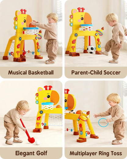 4-IN-1 Toddler Golf Ring Toss Basketball Hoop & Soccer Goal Sport Toys for 1-3 Year Olds, Baby Activity Center with Lights Bilingual Music & Vol Ctrl Gift for Boys Girls(H 24.4"-27.5") (Yellow)