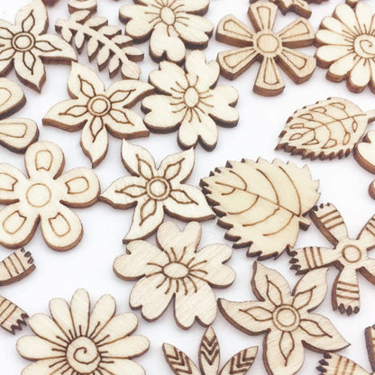 300 Pcs Wooden Embellishments Mixed Flower Leaf Pattern Wooden Scrapbooking DIY Handmade Crafts Children DIY Graffiti Home Decor