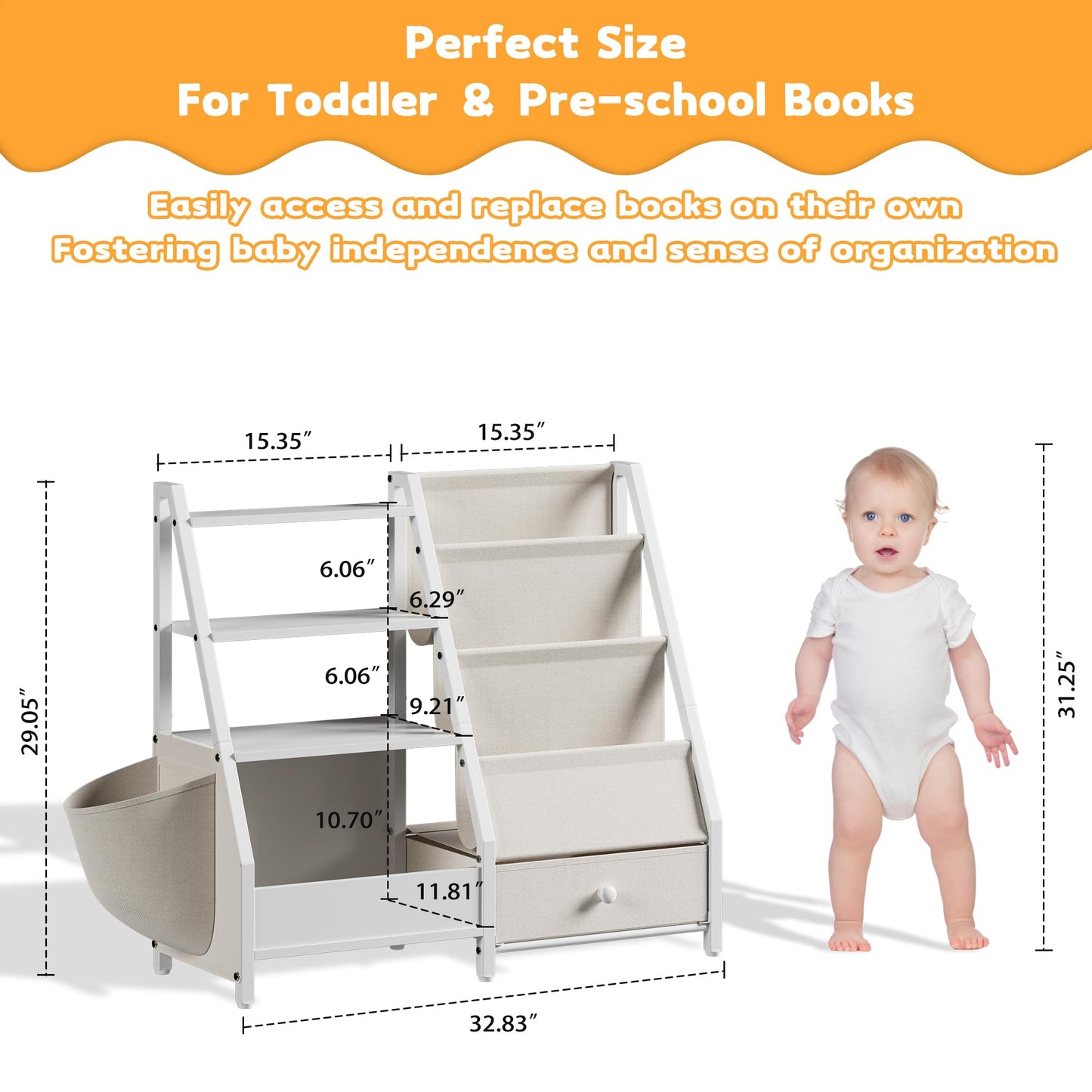 Kids Bookshelf and Toy Storage Organizer, Kids Bookcase Montessori 3 Tier Baby Toddler Sling Book Shelf with Drawer Pockets for Kids Room, Nursery, Playroom, Bedroom, White