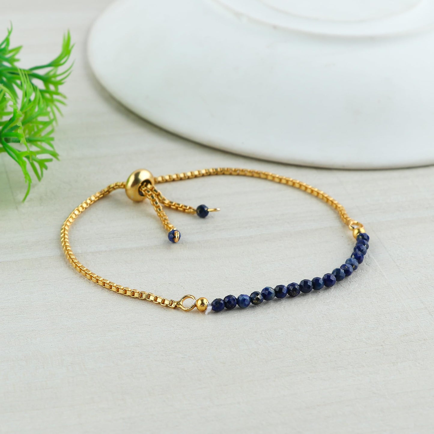 TGH Natural Lapis Lazuli Gemstone Roind Beads Bolo Bracelet Chakra Healing Crystals 14k Gold Plated Adjustable Slider Birthday Wedding Handmade 6-9 inch Christmas Gifts (Lapis Lazuli)