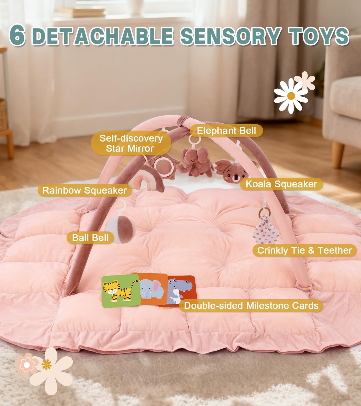 5-in-1 Baby Play Gym and Tummy Time Mat, 12 Learning Cards, Plush Activity Mat with 6 Toys, Baby Gym, Convertible to Ball Pit, Baby Gift, Pink