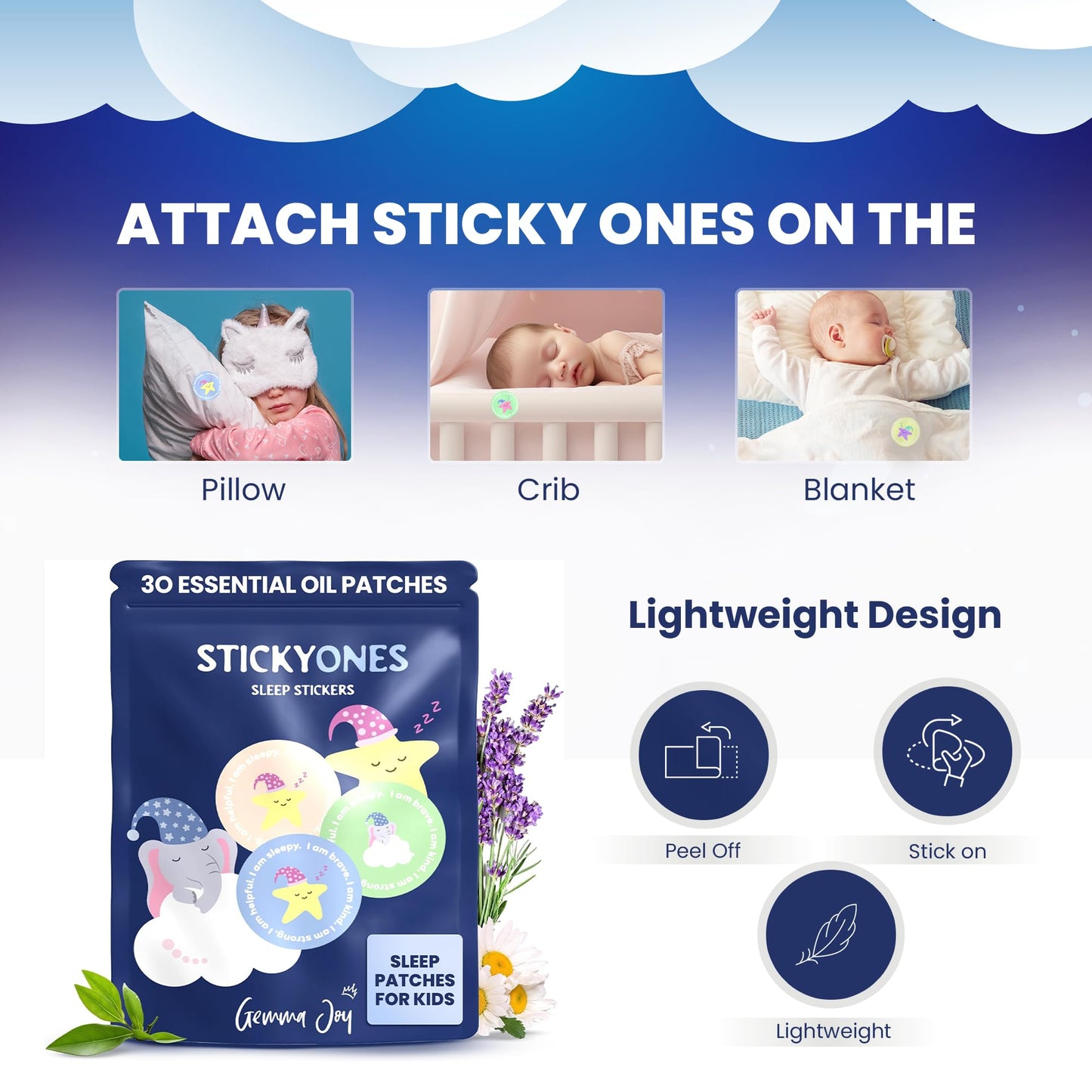 Gemma Joy Bedtime Baby Soothers & StickyOnes Sleep Patches - Cry Activated Heartbeat Bunny Plush Toy, Stuffed Animal with Calming Light & All-Natural, No Melatonin Bedtime Patches for Kids and Baby