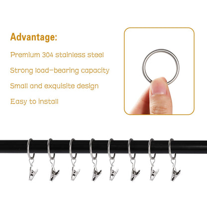 Lansian 20pcs Rustproof Drapery Matte Stainless Steel Metal Curtain Rings with Clips,Tension Curtain Hangers Clips, Decorative Curtain Rod Window, Matte Silver (1" Interior Diameter)