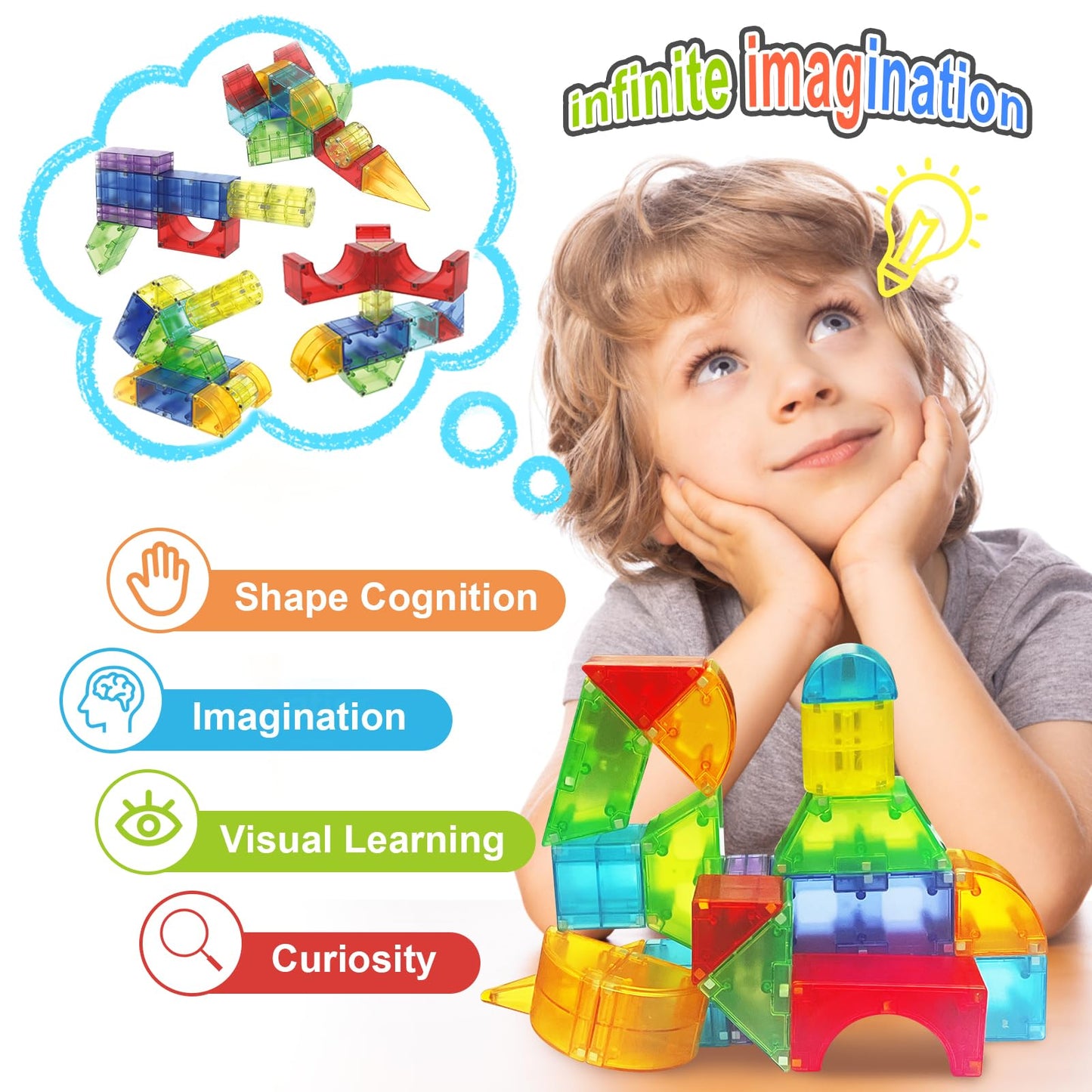 Huaker Magnetic Blocks,66 Piece Translucent Building Blocks for 3+ Boys Girls Birthday Gifts,Multi Shape Magnetic Cubes Preschool Classroom Educational Toys for 3-8 Year Old Kids STEM Activities