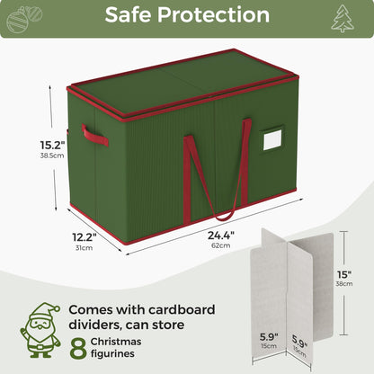 Christmas Figurine Storage Box for 15-Inch Figurines and Nutcrackers, Holiday Decor Organizer with Adjustable Dividers, 8 Slots and 2 Pockets, Dual Zippers, 600D Oxford, 24.8"x12.2"x15.2" ,Green