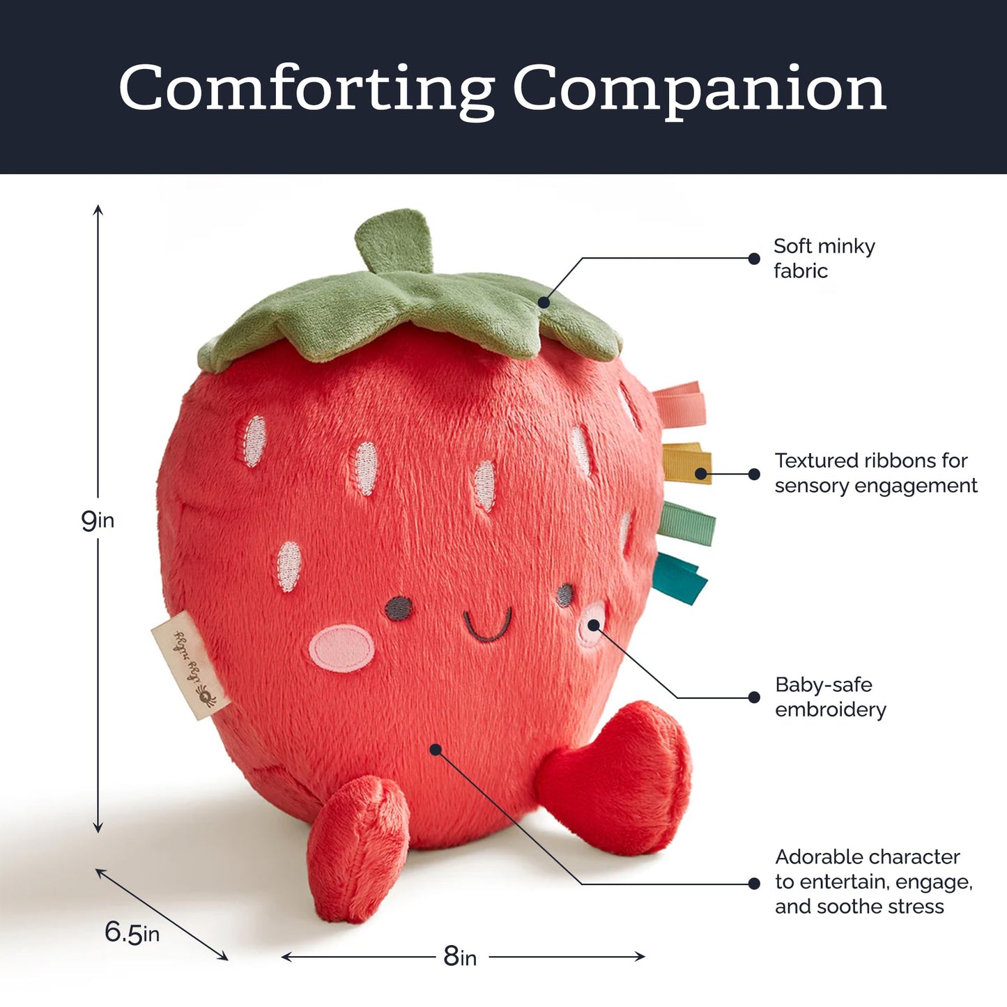Itzy Ritzy Snuggles Plush Toy – Soft Stuffed Animal for Babies, Kids & Adults – Sensory Ribbons & Textured Fabrics for Tactile Play – Cozy & Cuddly Companion for Newborns & Up (Strawberry)