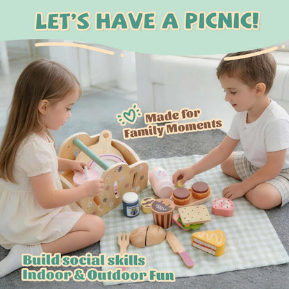 Potatomato Wooden Picnic Playset for Toddlers - 25+ Pcs Play Food Set with Cutting Desserts&Functional Basket - Montessori Pretend Play Kitchen Accessories-Birthday Gift for Girls Boys