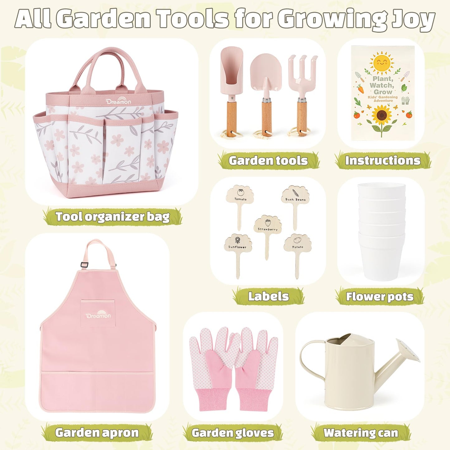 Kids Gardening Set, Gardening Tools Kit for Kids Toddler, Includes Tote Bag, Apron, Gloves, Watering Can, Shovel, Rake, Cultivator, Garden Tool Set Outdoor Toys Gifts for Boys Girls