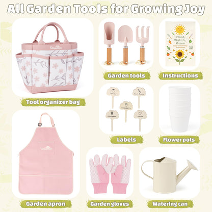 Kids Gardening Set, Gardening Tools Kit for Kids Toddler, Includes Tote Bag, Apron, Gloves, Watering Can, Shovel, Rake, Cultivator, Garden Tool Set Outdoor Toys Gifts for Boys Girls